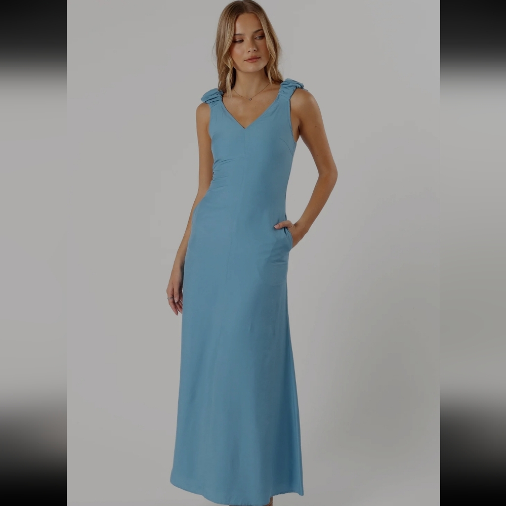 Petal + Pup Michael Ruched Strap Maxi Dress NWT Blue Sz. M